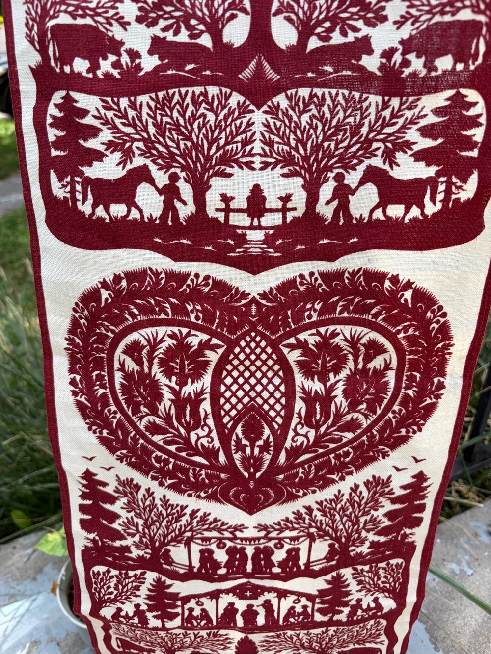 Vintage Swiss Scherenschnitte-Style- Linen Wall Hanging-Alpine Folk Art Tapestry
